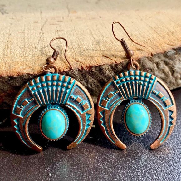 Jewelry - Etched Faux Turquoise Bohemian Crescent Moon Half Moon Sky Mythical Earrings